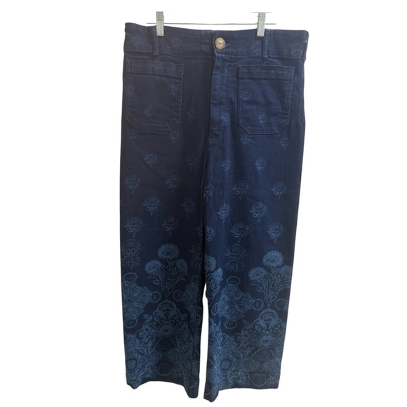 Anthropologie Maeve Colette Floral Print Denim Pants 32 Wide Leg High Rise - Picture 10 of 11